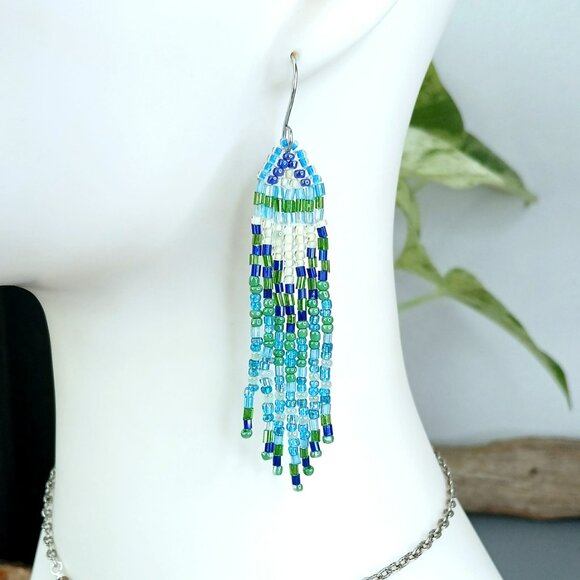 Boho Chic Beaded Fringe Dangle Earrings, Blue & Green, Seed Bead Jewelry, 3.5" - Picture 1 of 7